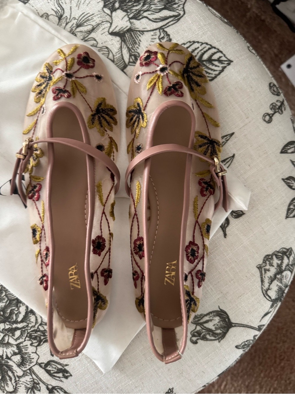 Zara Pink Embroidered Floral Mary Jane Flats